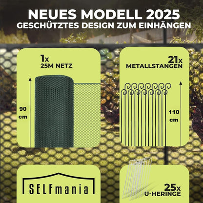 SELFmania Hühnerzaun 25 m, 90 cm hoch, grün, inkl. Stäbe und Erdanker