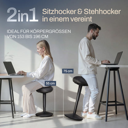Wohnperle Ergonomischer Bürohocker 2in1, höhenverstellbar Schwarz