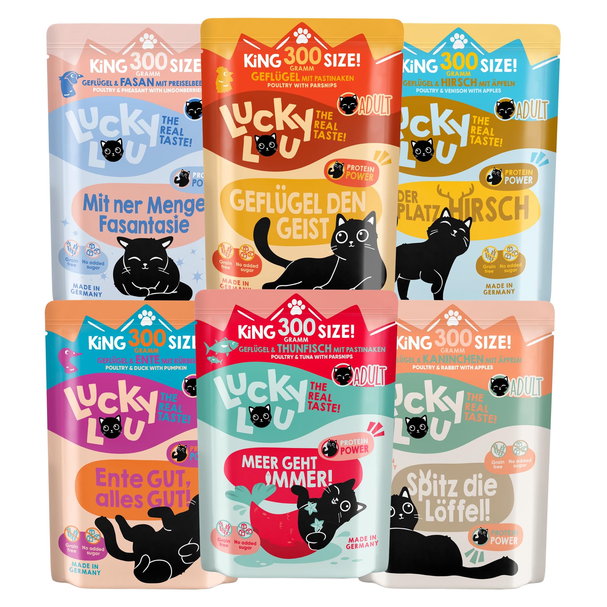 Lucky Lou Adult Mix-Paket Katzen Nassfutter - 36x300g: Bunte Dosen/Beutel. Vollwertiges Nassfutter für erwachsene Katzen.