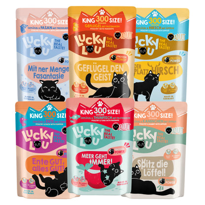 Lucky Lou Adult Mix-Paket Katzen Nassfutter - 36x300g: Bunte Dosen/Beutel. Vollwertiges Nassfutter für erwachsene Katzen.