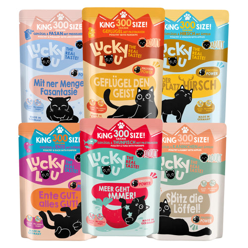 Lucky Lou Adult Mix-Paket Katzen Nassfutter - 36x300g: Bunte Dosen/Beutel. Vollwertiges Nassfutter für erwachsene Katzen.