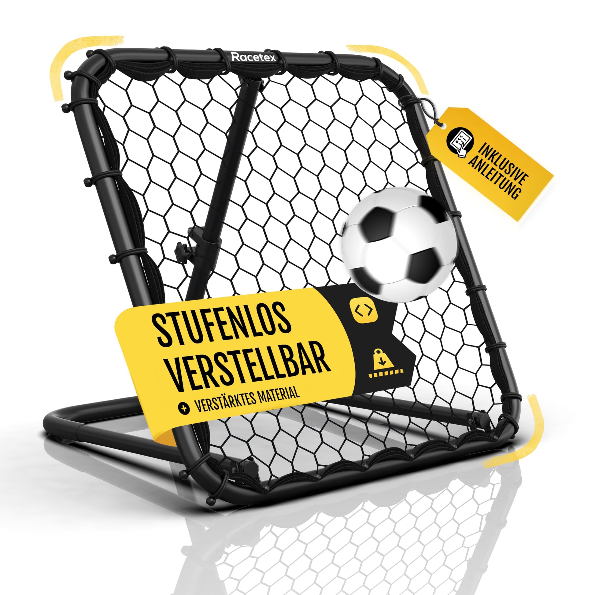 Racetex Fussball Rebounder Kinder – Stufenlos verstellbar: Rechteckiger Rebounder mit Netz, stufenlos winkelverstellbar zum Fussballtraining.