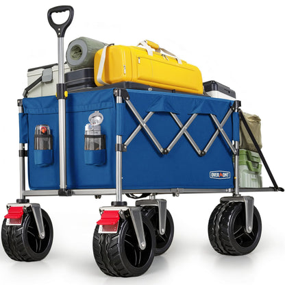 Overmont Klapp-Bollerwagen All-Terrain mit Heckklappe – Blau. Rechteckiger Klappwagen mit großen Reifen. Zum Transport auf unebenem Terrain.