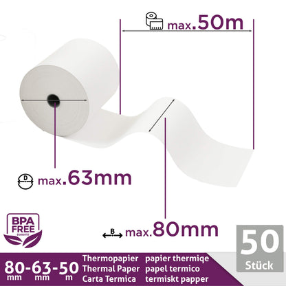 Thermorollen 80x50m x 12mm Bon- & Kassenrollen BPA-frei - 50 Rollen