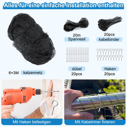 Aystkniet Katzennetz für Balkon 6 x 3 m, drahtverstärkt, UV-beständig
