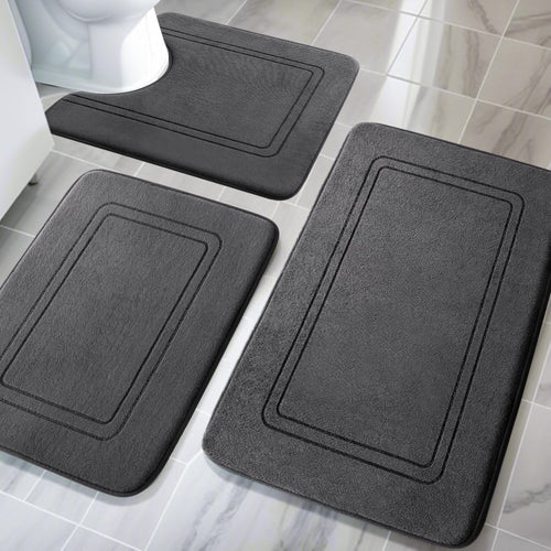 chakme Badezimmerteppich Set 3-teilig Memory-Schaum dunkelgrau – weiche Plüschoberfläche, U-förmiger WC-Vorleger