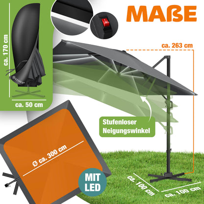 KESSER Sonnenschirm Ampelschirm SUN XL 300 x 300 cm, Anthrazit
