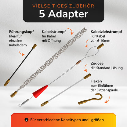 Capritool Kabeleinziehhilfe 30 m – Einziehfeder mit 5 Adaptern