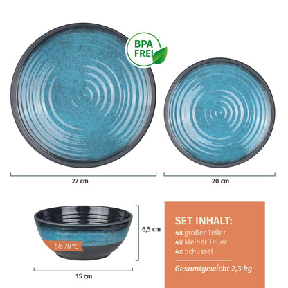 Moritz Camping Geschirrset aus Melamin, 12-teilig, Stone Blue