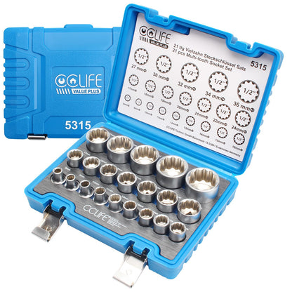 CCLIFE Vielzahn-Steckschlüsselsatz 1/2 Zoll, 21-teilig, 8-36 mm aus Cr-V-Stahl im Werkzeugkoffer