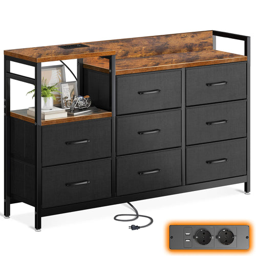 ODK Kommode 8 Stoffschubladen mit USB & AC – Vintage Schwarz. Rechteckige, schwarze Kommode mit 8 Stoffschubladen für Stauraum und integrierte Ladefunktion.