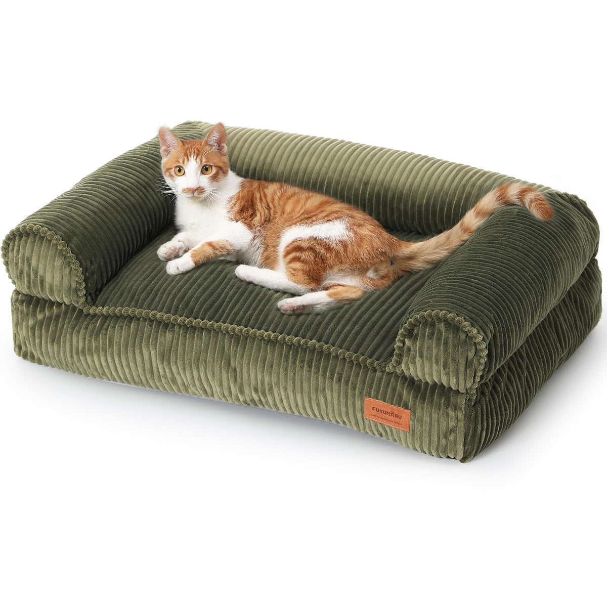 FUKUMARU Katzensofa Cord, waschbares Katzen- & Hundebett, M, Grün mit Armlehnen und weicher Liegefläche