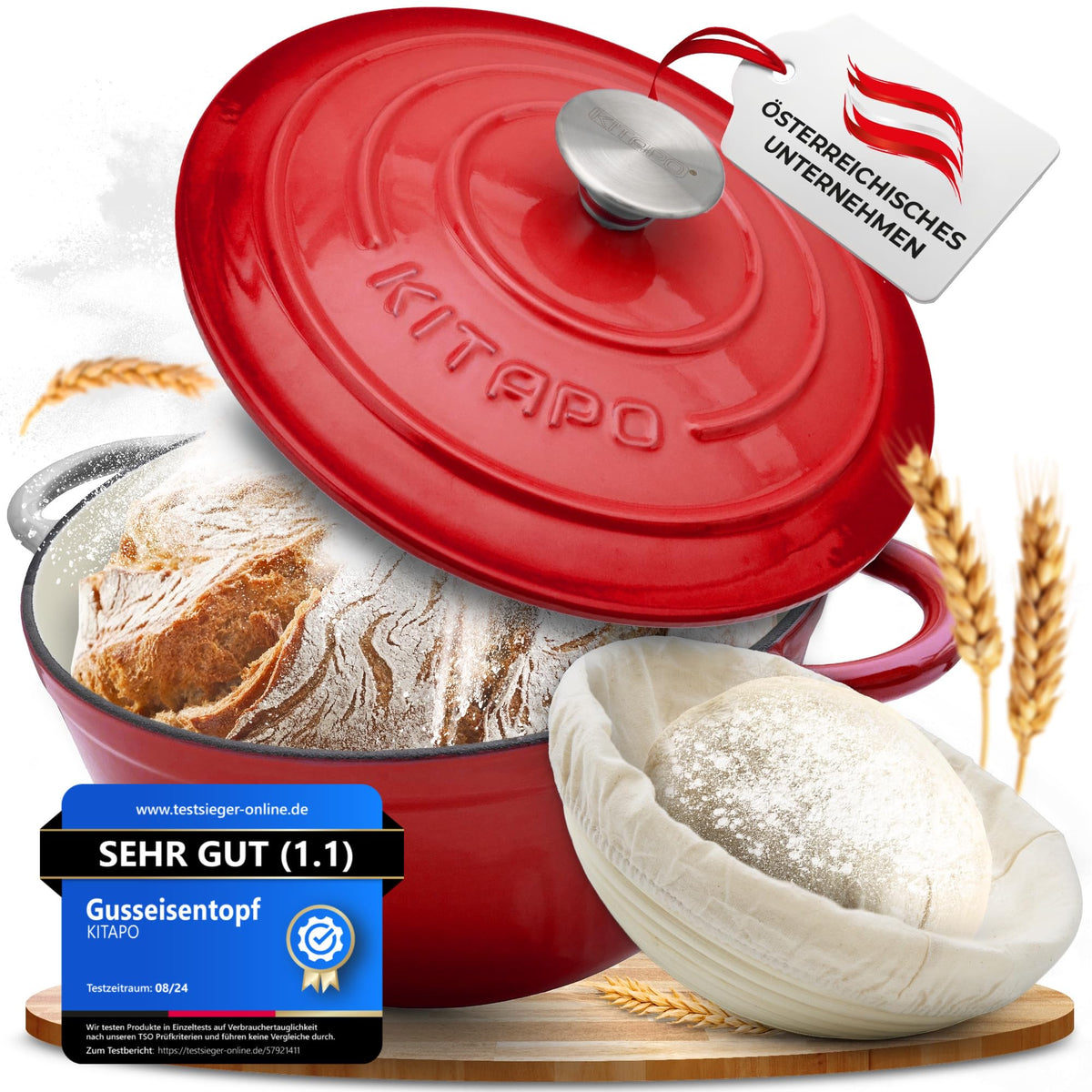 KITAPO emaillierter Gusseisentopf 24 cm mit Gärkorb und Teigtuch, Rot – Brotbacktopf mit Deckel
