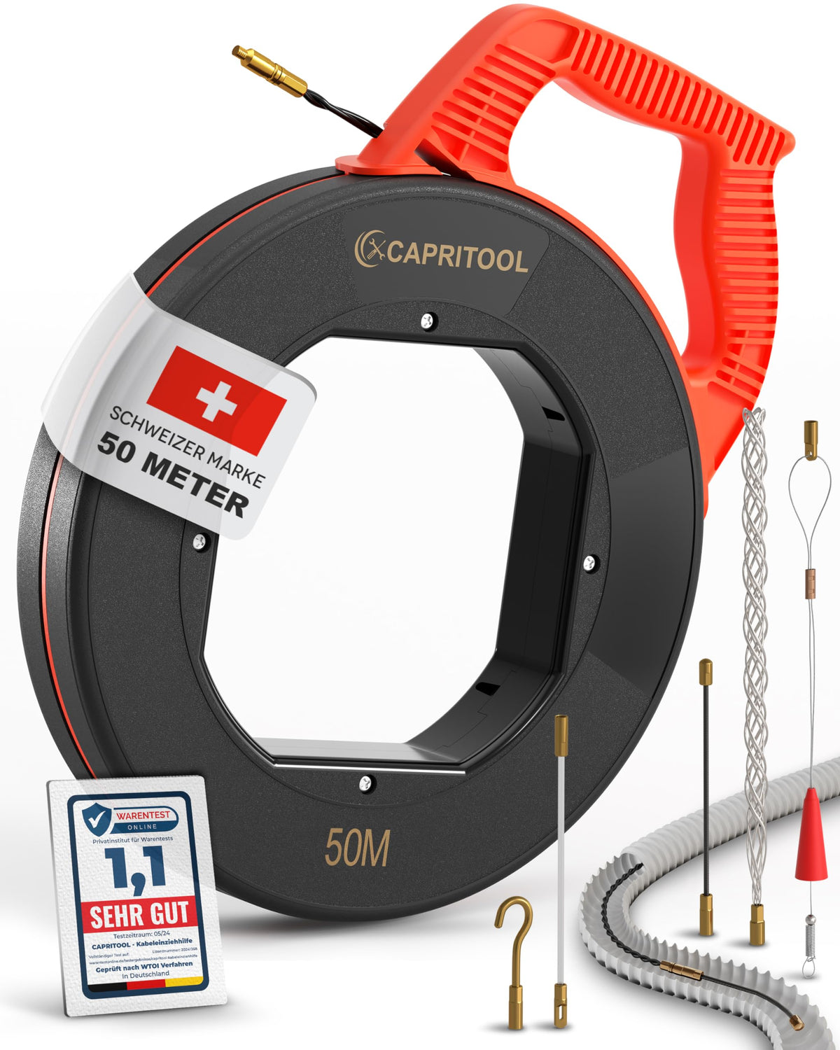 CAPRITOOL Kabeleinziehhilfe 50 m – Einziehfeder mit 5 Adaptern, Spiraldesign und auffälliger Farbe zum Einziehen von Kabeln