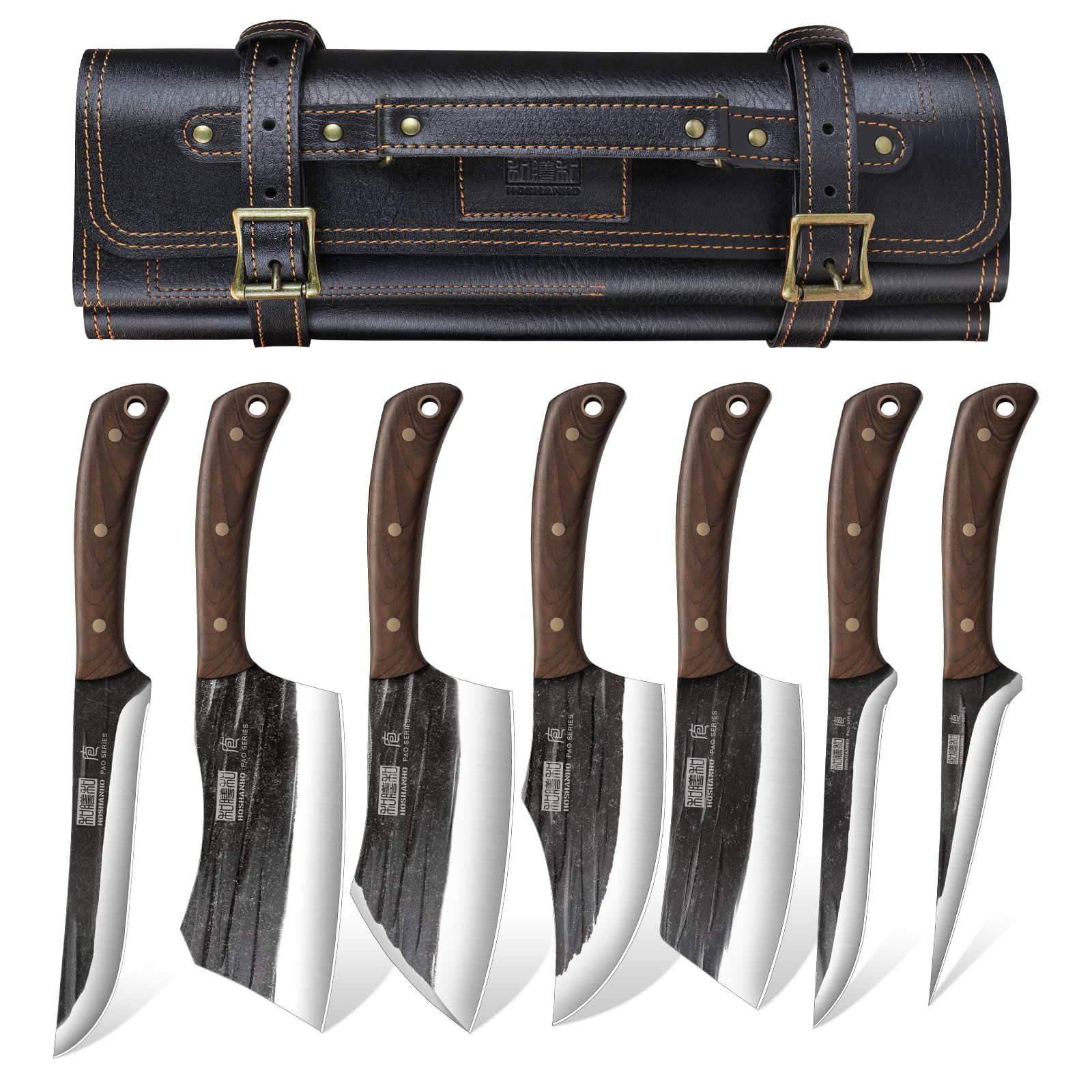 HOSHANHO Metzgermesser Set Handgeschmiedetes Messer – Mit Tasche. Dunkle, handgeschmiedete Klingen in schwarzer Tasche.