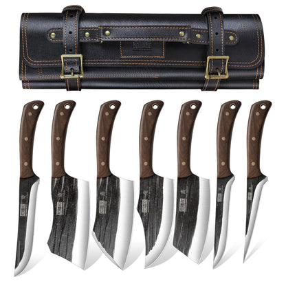 HOSHANHO Metzgermesser Set Handgeschmiedetes Messer – Mit Tasche. Dunkle, handgeschmiedete Klingen in schwarzer Tasche.
