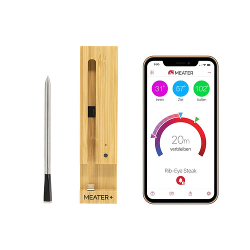 MEATER Plus smartes kabelloses Fleischthermometer – 50m Reichweite. Schlanke Sonde misst Kerntemperatur von Fleisch für präzises Garen.