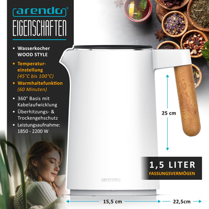Arendo Wasserkocher Edelstahl mit Temperatureinstellung, 1,5 Liter