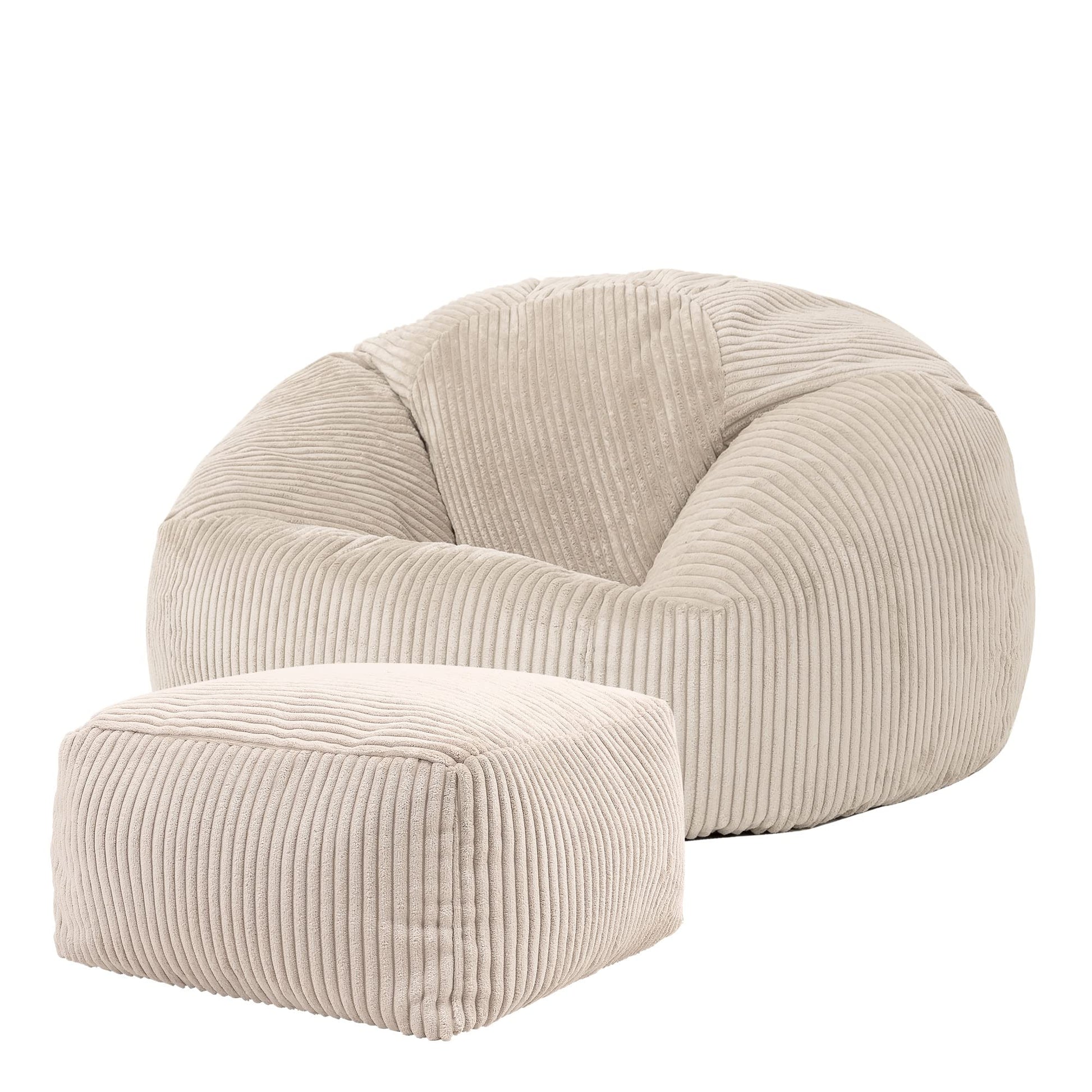 Icon Kingston Sitzsack mit Hocker Lounge Sessel Cord – Beige. Beiger Cord-Sitzsack mit passendem Hocker für entspanntes Lounging.
