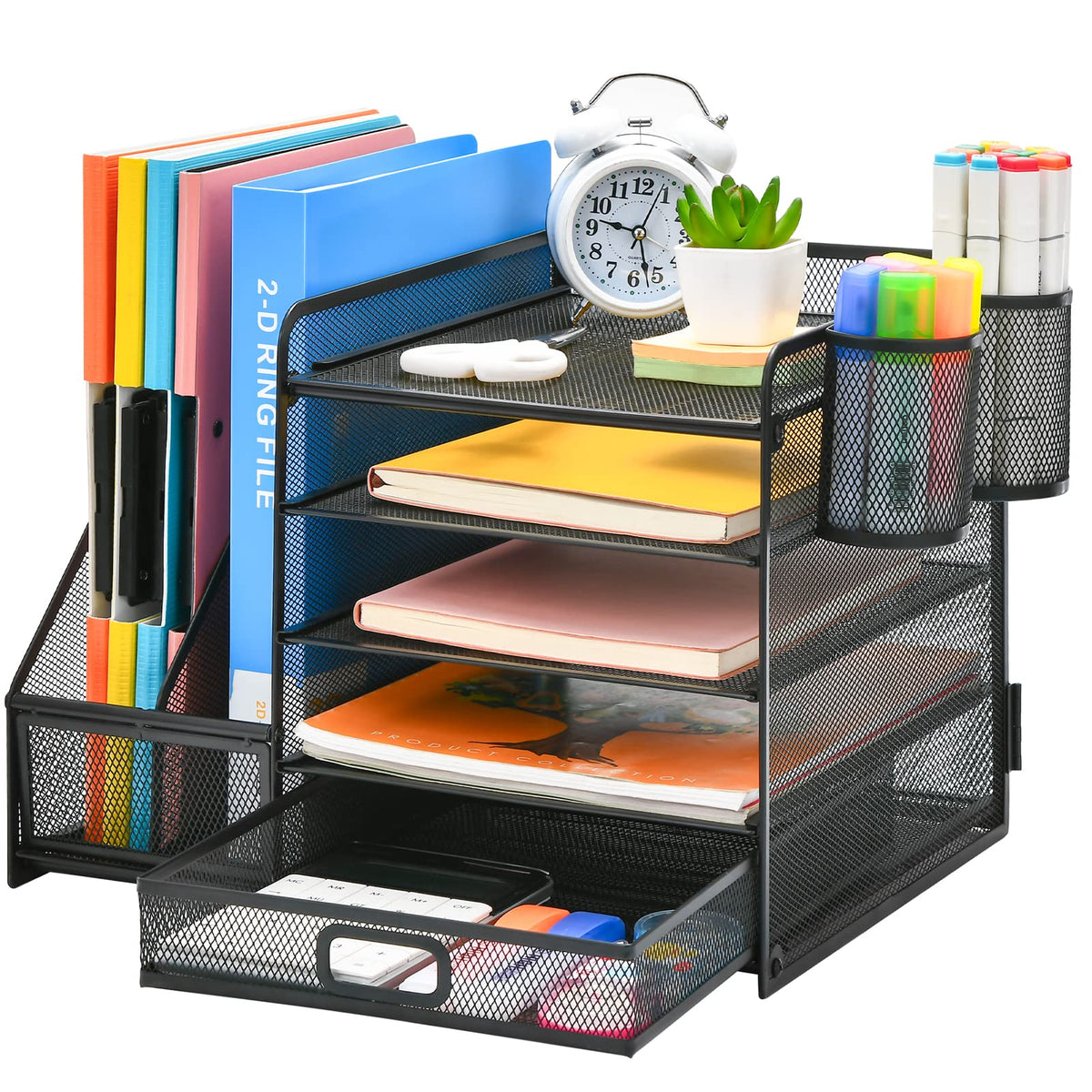 Marbrasse Schreibtisch Organizer mit Briefablage, 5 Ebenen, schwarz aus Metallgewebe mit Schublade und Stiftehaltern