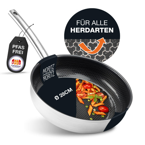 Moritz & Moritz Edelstahlpfanne 28 cm Induktion mit Wabenstruktur, Keramikbeschichtung, hoher Rand