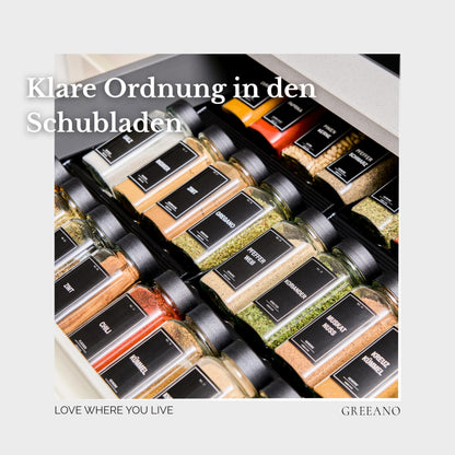 Greeano Gewürzgläser Set mit Schubladeneinsatz, 24 x 120 ml, Schwarz