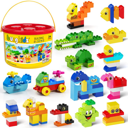 burgkidz Classic Bausteine-Box, 135-teilig, Bauspielzeug ab 2 Jahren – bunte grosse Bauklötze im Aufbewahrungseimer