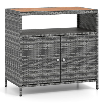COSTWAY Gartenschrank Rattan mit Akazienholz-Arbeitsplatte, Grau – erhöhter Metallrahmen und offenes Fach