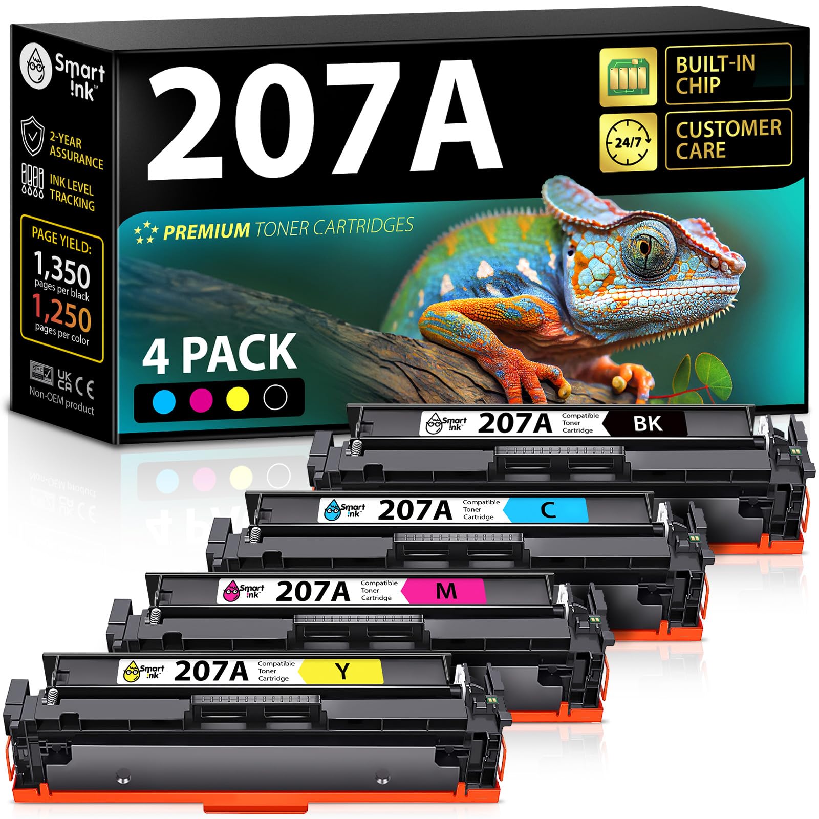 Smart Ink Kompatibel HP 207A/207X Toner Set mit Chip (4 Farben). Vier farbige Tonerpatronen für Farbdrucke in Laserdruckern.