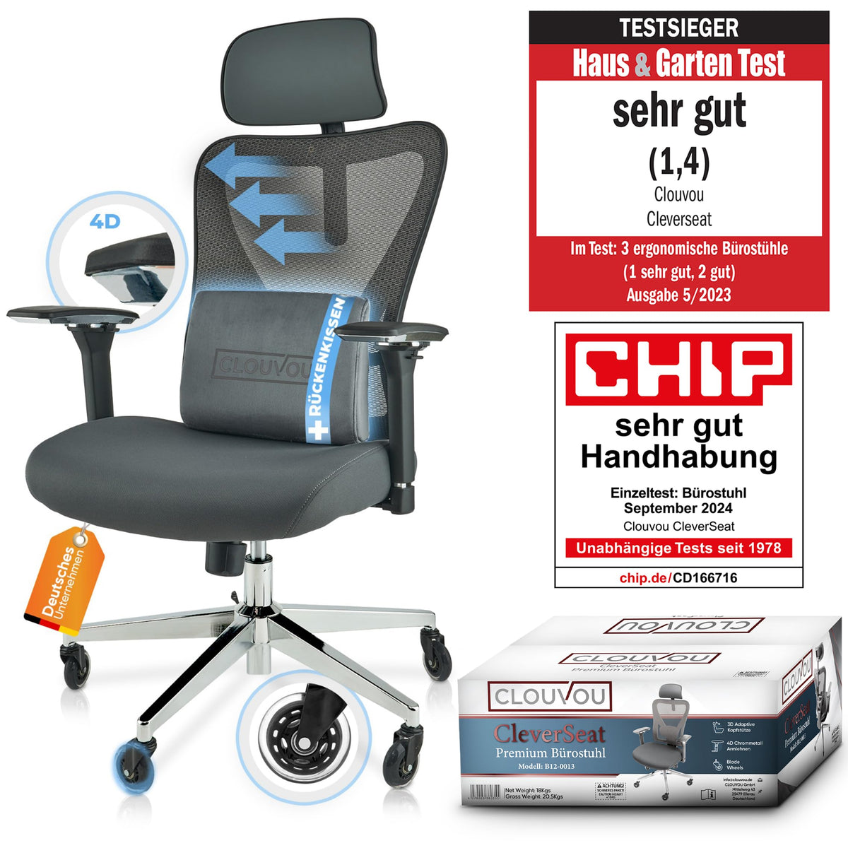 CLOUVOU CleverSeat Ergonomischer Bürostuhl mit 4D-Armlehnen, 150 kg