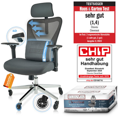 CLOUVOU CleverSeat Ergonomischer Bürostuhl mit 4D-Armlehnen, 150 kg