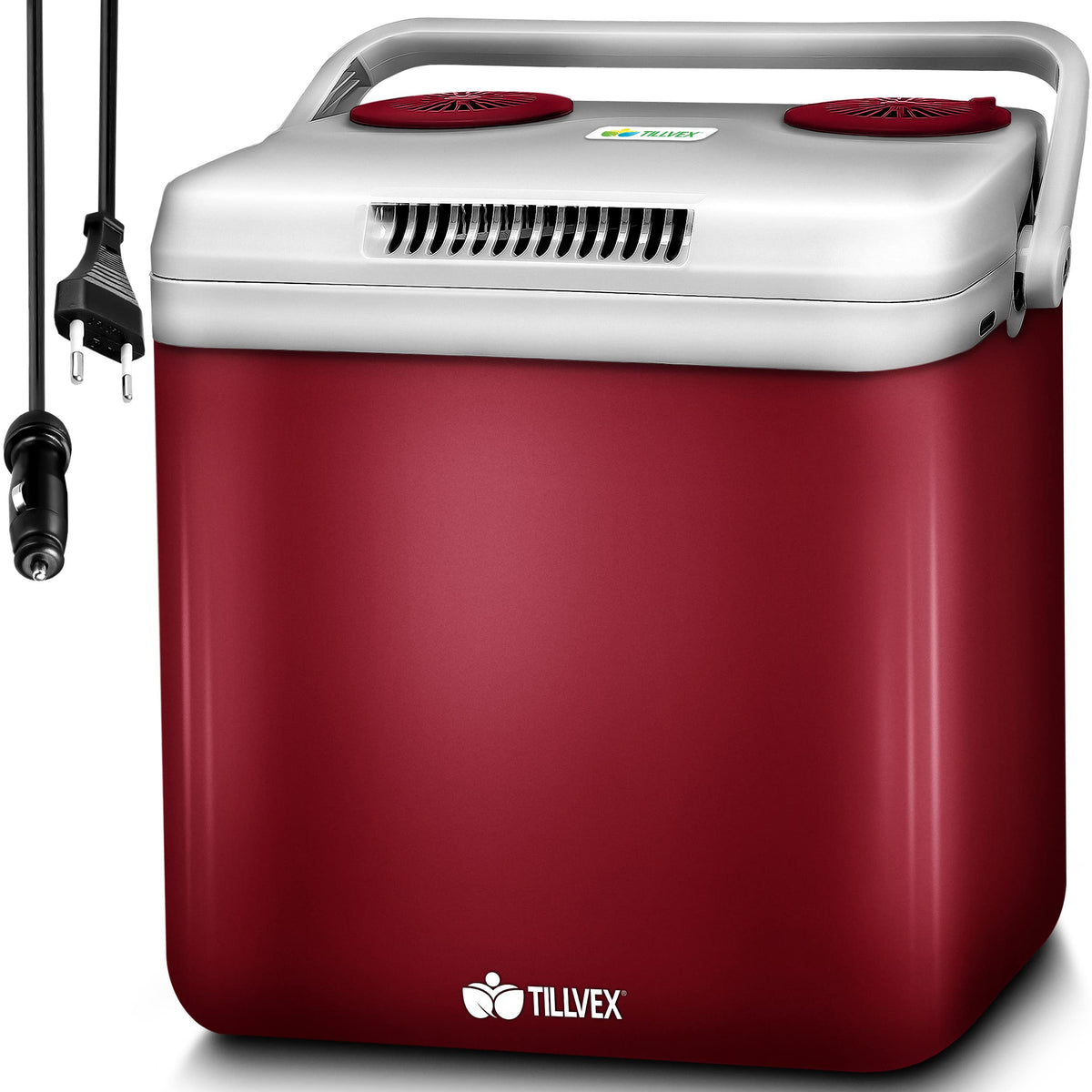 tillvex Mini-Kühlschrank 32L elektrisch Auto/Camping – Rot. Roter Kühlschrank zur mobilen Kühlung von Lebensmitteln.