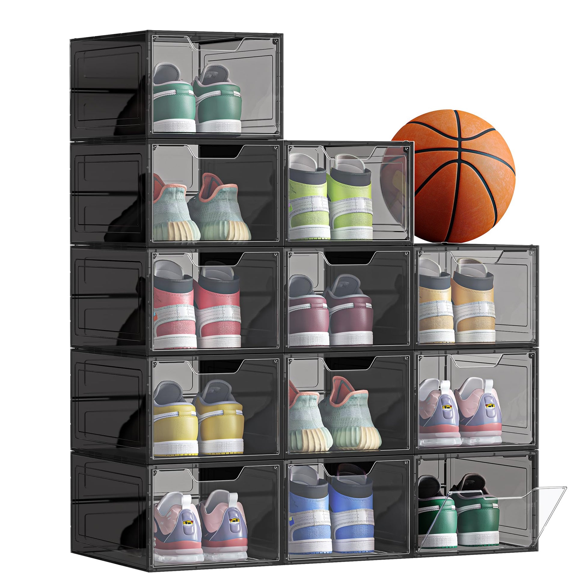 SONGMICS LSP412B01 Schuhboxen Kunststoff – 12er Set Transparentes Schwarz. Stapelbare Boxen lagern Schuhe staubfrei.
