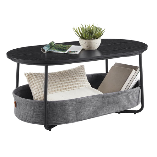 VASAGLE Couchtisch LCT222B56, oval, tintenschwarz, mit Korb. Für Getränke & Bücher im Wohnzimmer.