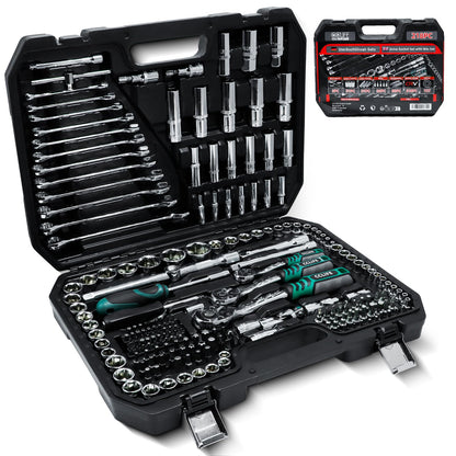 CCLIFE Steckschlüsselsatz 218-teilig Cr-V - 1/2" 1/4" 3/8" Ratschenkoffer. Schwarzer Koffer, silberne Cr-V-Werkzeuge zum Lösen und Anziehen von Verbindungselementen.