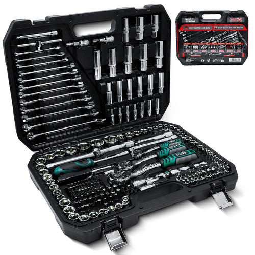 CCLIFE Steckschlüsselsatz 218-teilig Cr-V - 1/2" 1/4" 3/8" Ratschenkoffer. Schwarzer Koffer, silberne Cr-V-Werkzeuge zum Lösen und Anziehen von Verbindungselementen.