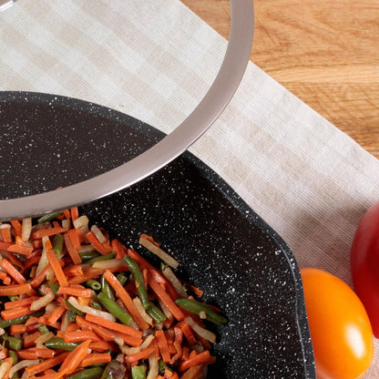 Kamberg Wok 30 cm Aluminiumguss mit Glasdeckel und abnehmbarem Griff