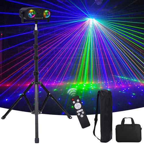 PartyLux 5-in-1 Discolicht Kaleidoskop mit Stativ - Fernbedienung, schwarzes Gehäuse auf Stativ für Lichteffekte.