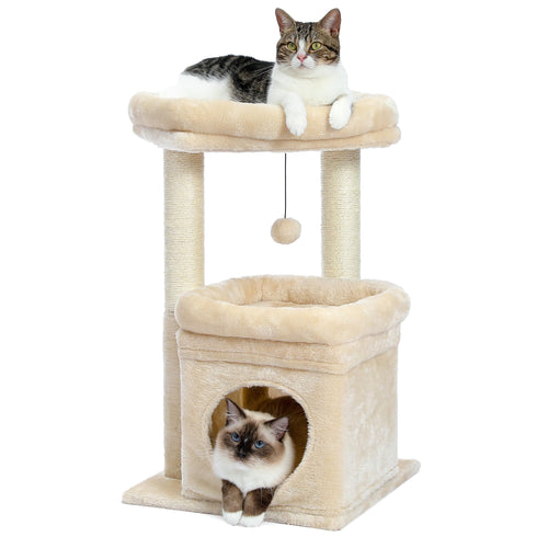 PAWZ Road Kleiner Katzenbaum mit Kratzbaum und Sitzstange, Beige, mehrstöckig, mit Sisal-Kratzstämmen und Plüschbezug