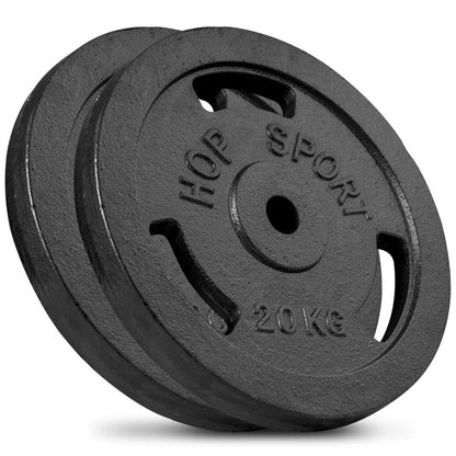 Hop-Sport Hantelscheiben Set Gusseisen 2 x 20 kg – runde Gussgewichte mit Lochgriffen und 30/31 mm Bohrung