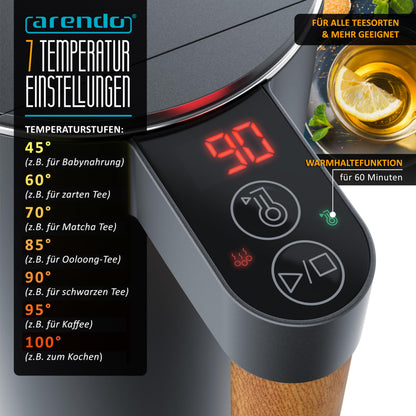 Arendo Wasserkocher Edelstahl mit Temperatureinstellung 1,5 L schwarz