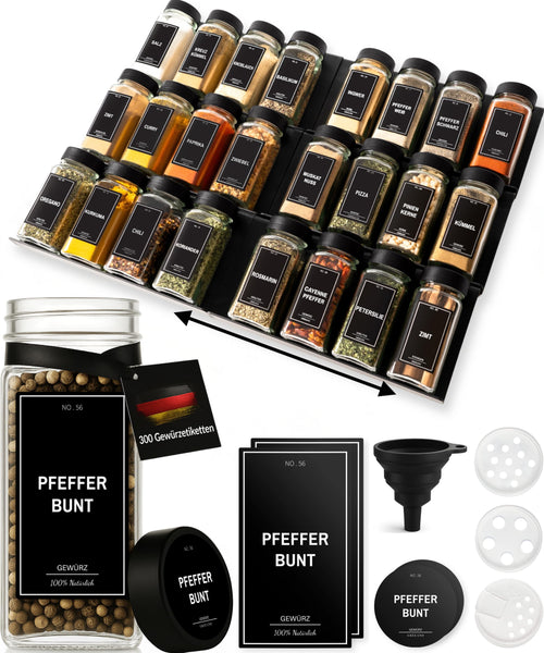 Greeano Gewürzgläser Set mit Schubladeneinsatz, 24 x 120 ml, Schwarz: eckige Gläser aus Glas mit Drehverschluss