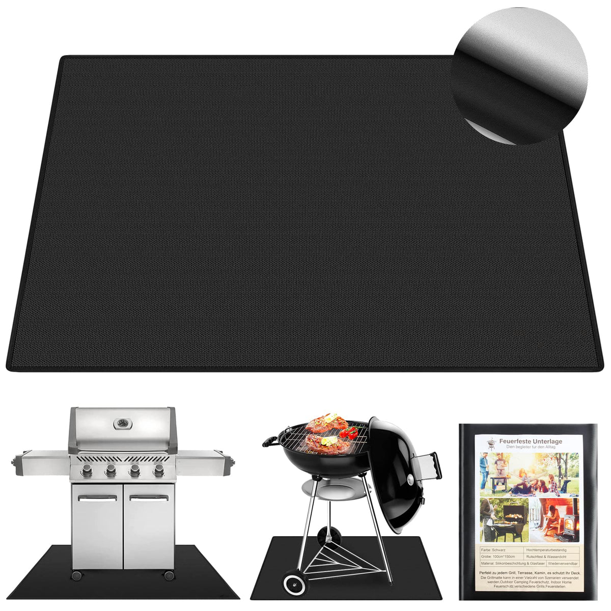 Arsikey Feuerfeste Unterlage 100 x 150 cm Hitzeschutzmatte, schwarz, rechteckig, als Bodenschutz unter Grill