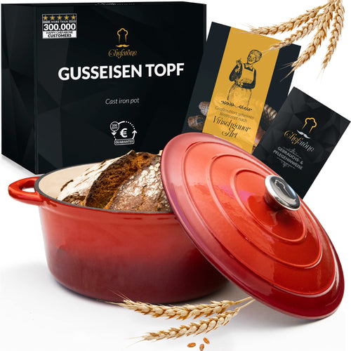 Chefarone Gusseisen Topf Schmortopf - emailliert 26 cm. Runder emaillierter Gusseisentopf zum langsamen Schmoren und Braten.