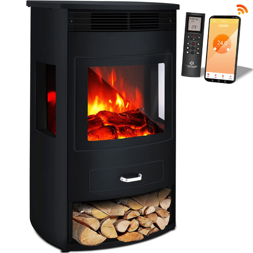 KESSER® Prio Elektrokamin mit Heizung – WiFi App, 1900W, rechteckig, schwarz. Bietet 1900W Heizleistung und optischen Flammenschein zur Raumbeheizung.
