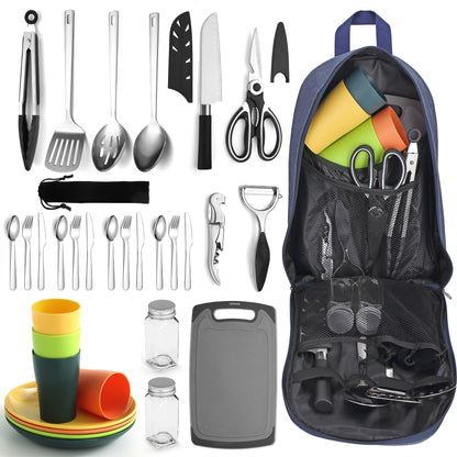 Berglander Camping-Kochutensilien-Set mit Besteck, Tellern und Tassen, Edelstahl-Kochwerkzeuge und Aufbewahrungstasche