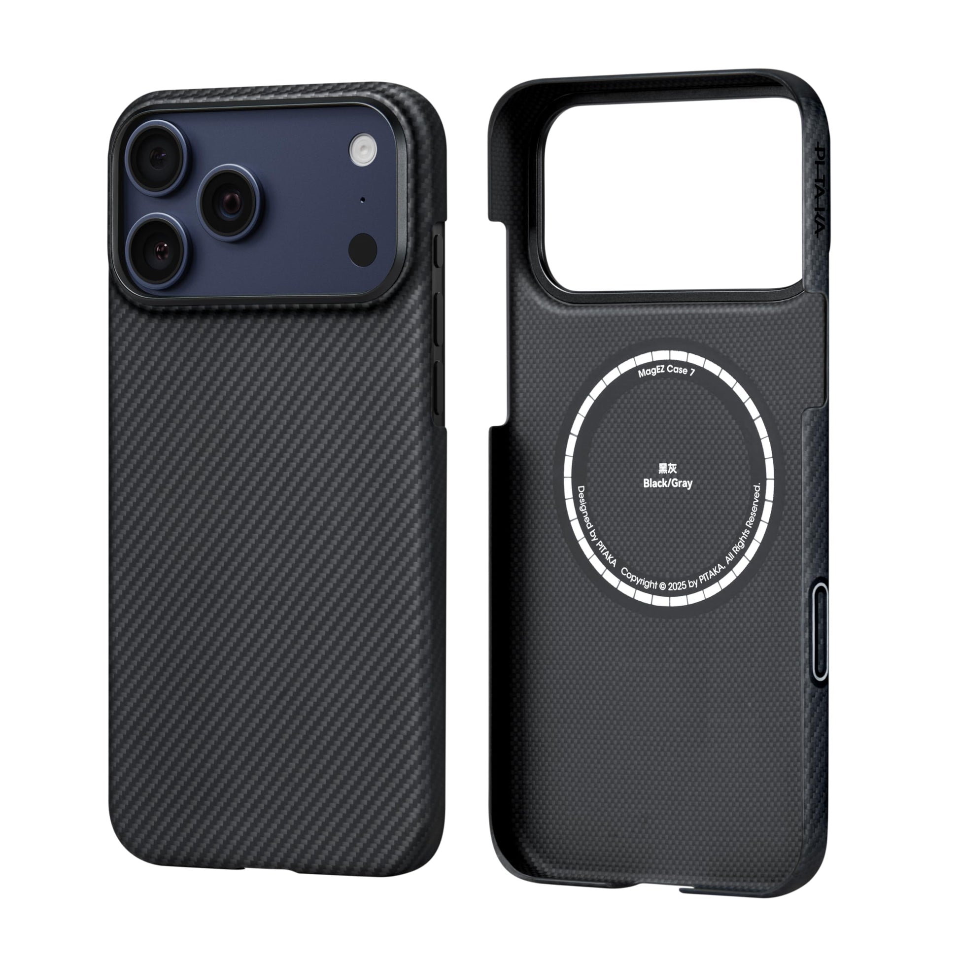 Pitaka iPhone 17 Pro Hülle Aramid Magsafe, ultradünn, Schwarz/Grau. Schutzhülle für iPhone 17 Pro mit integriertem Magsafe.