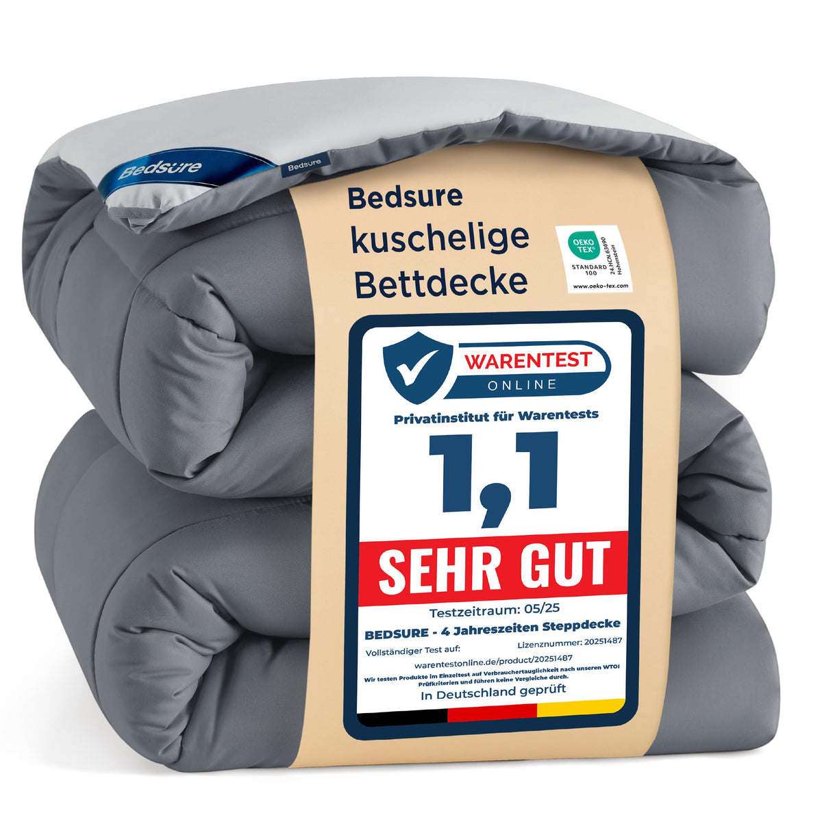 BEDSURE Bettdecke 240x220 cm Ganzjahresdecke, Grau/Hellgrau, mit Kastensteppung