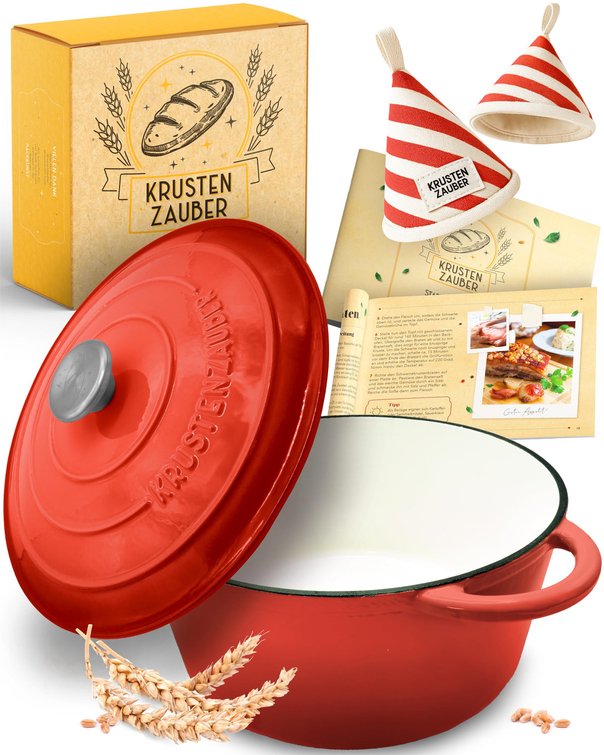 KRUSTENZAUBER Dutch Oven Gusseisen Schmortopf mit Deckel 26 cm zum Schmoren und Brotbacken