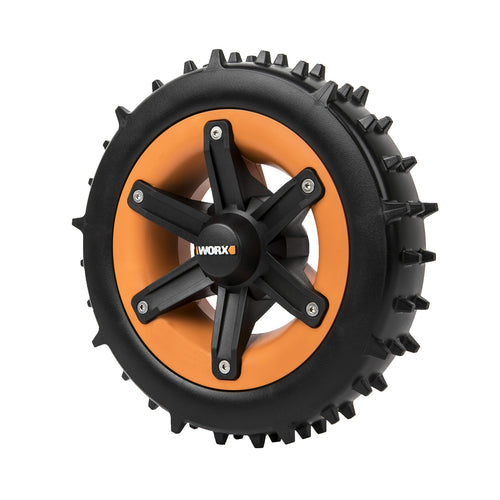 WORX WA0952 Landroid Mähroboter Ersatzräder – Super-Grip. Runde, schwarze Räder mit tiefem Profil für verbesserte Traktion des Mähroboters auf Rasenflächen.